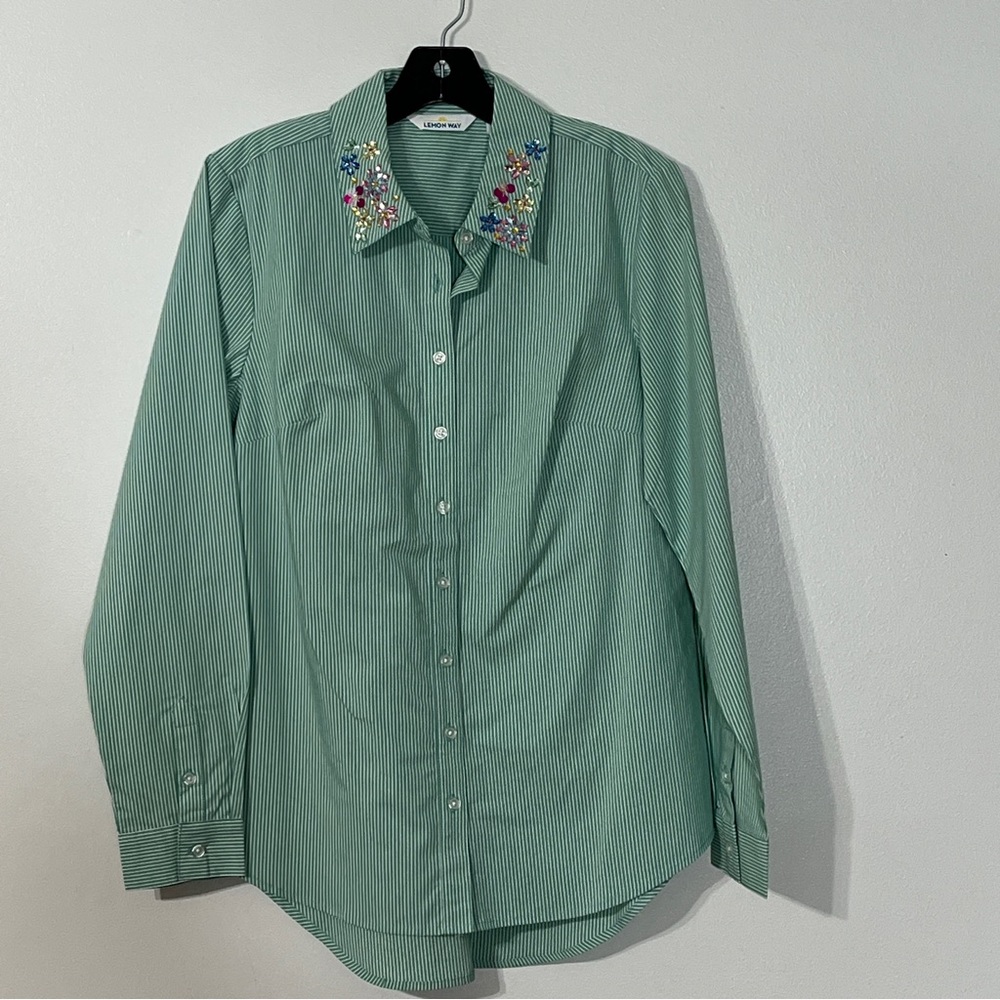 Lemon Way Green Stripe Button Down Blouse - image 2